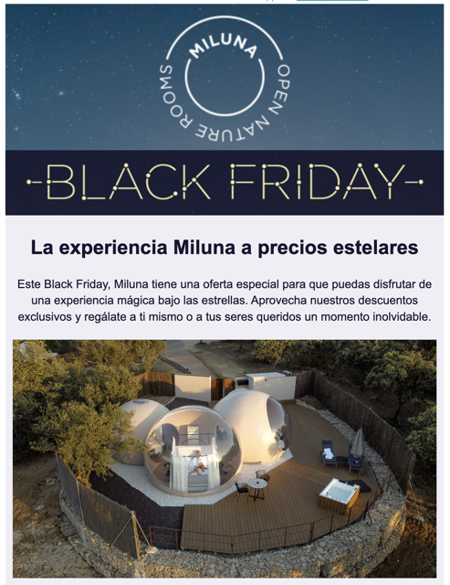 Newsletter de Miluna para Black Friday promocionando estancias en hotel burbuja